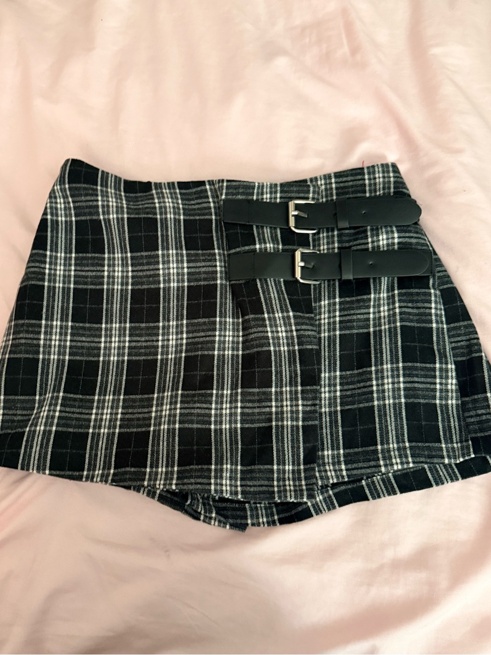 Black White Plaid Mini Skort with Buckle Detail
